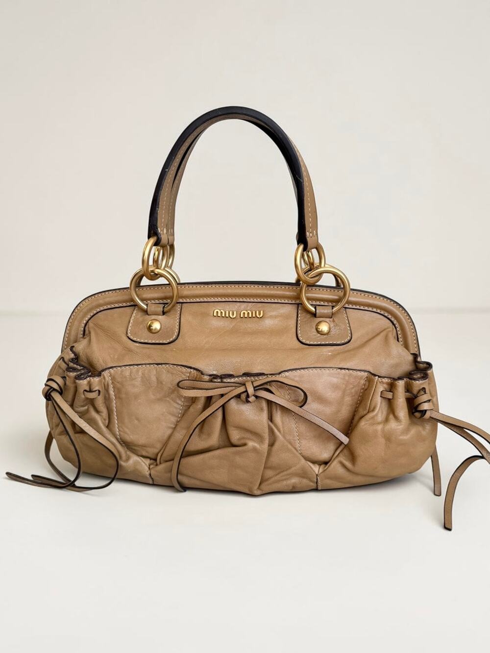 Vitello Lux Miu Miu Bow Satchel Bag Beige Tan Balletcore